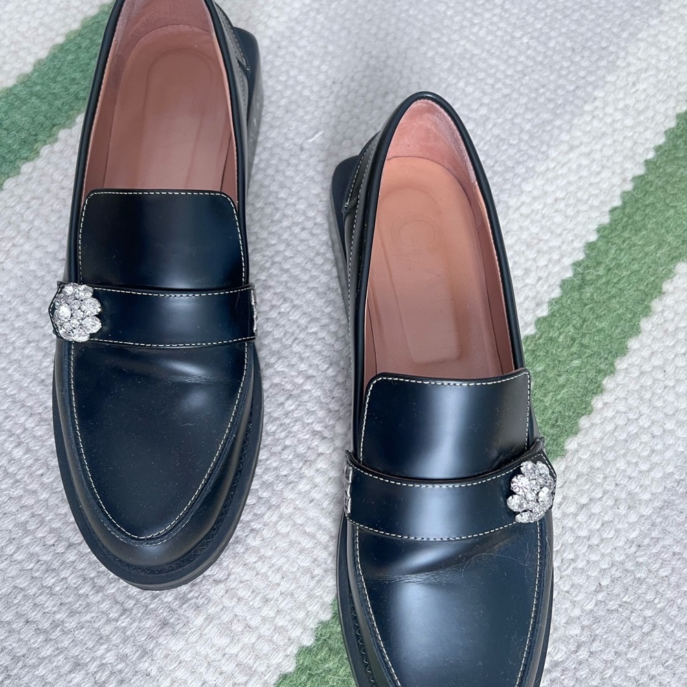 Ganni Black Leather Loafers with Crystal Cluster Buckles